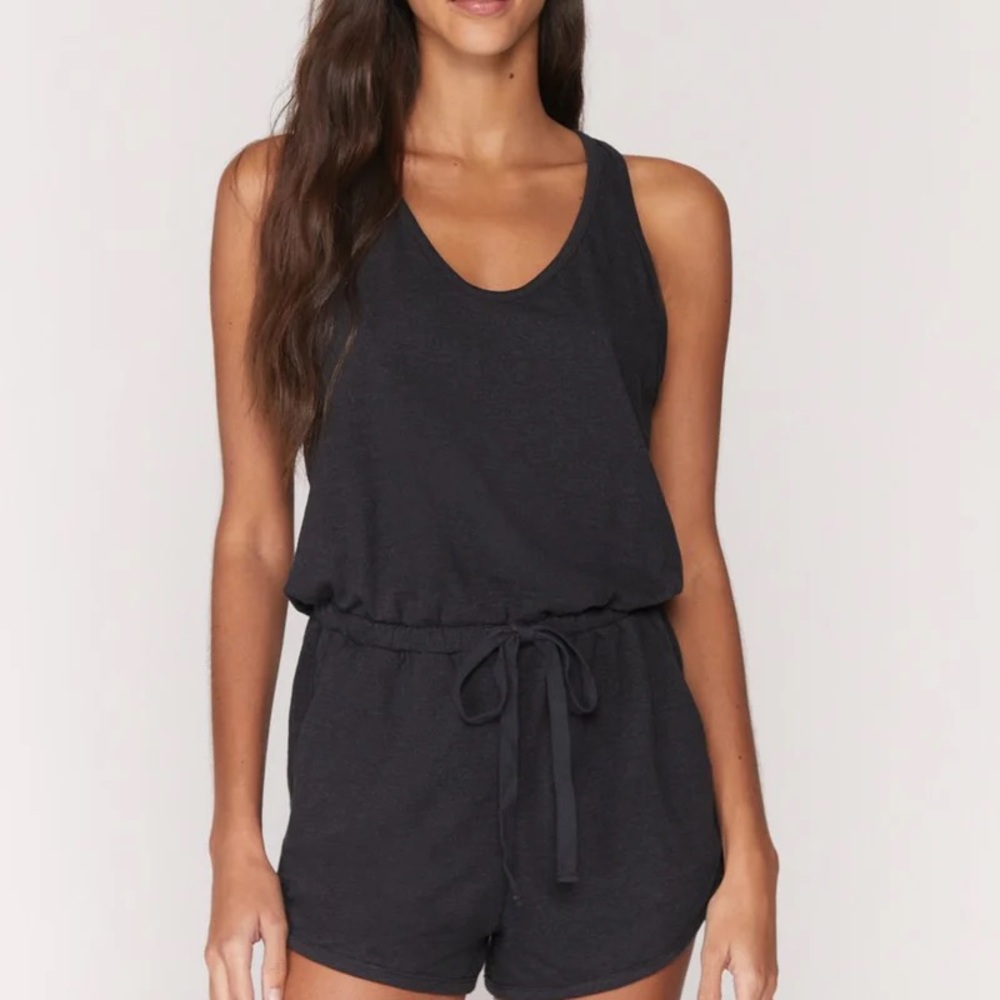 Spiritual Gangster Black Lounge Romper Small Drawstring Waist with pockets